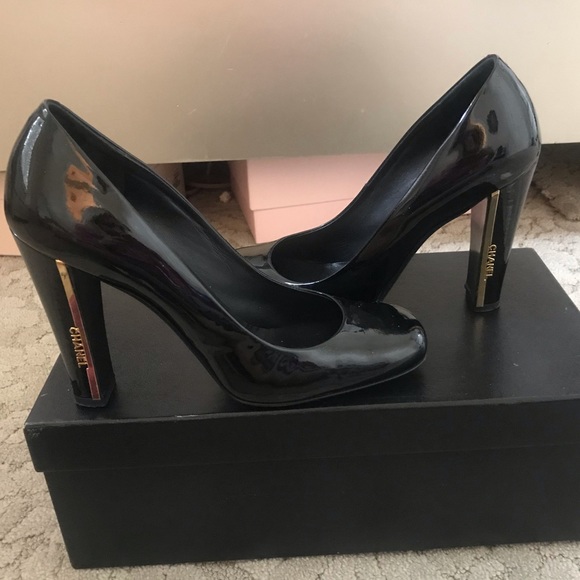 Chanel Shoe Black Patent Leather Satin Ankle Strap 38.5 / 8.5